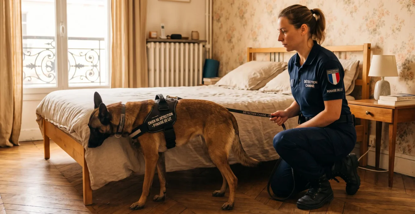 Chien renifleur spécialisé accompagné de son maître-chien inspectant la zone de couchage d'un appartement