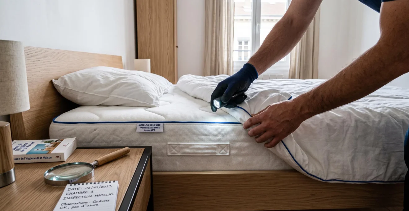 Main tenant une lampe torche inspectant les coutures d'un matelas blanc dans une chambre contemporaine