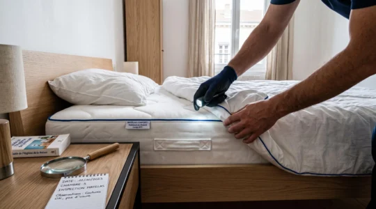 Main tenant une lampe torche inspectant les coutures d'un matelas blanc dans une chambre contemporaine